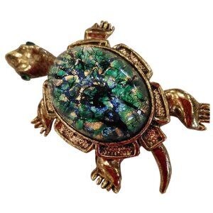 Vintage Green Iridescent Turtle Brooch with RS Eyes